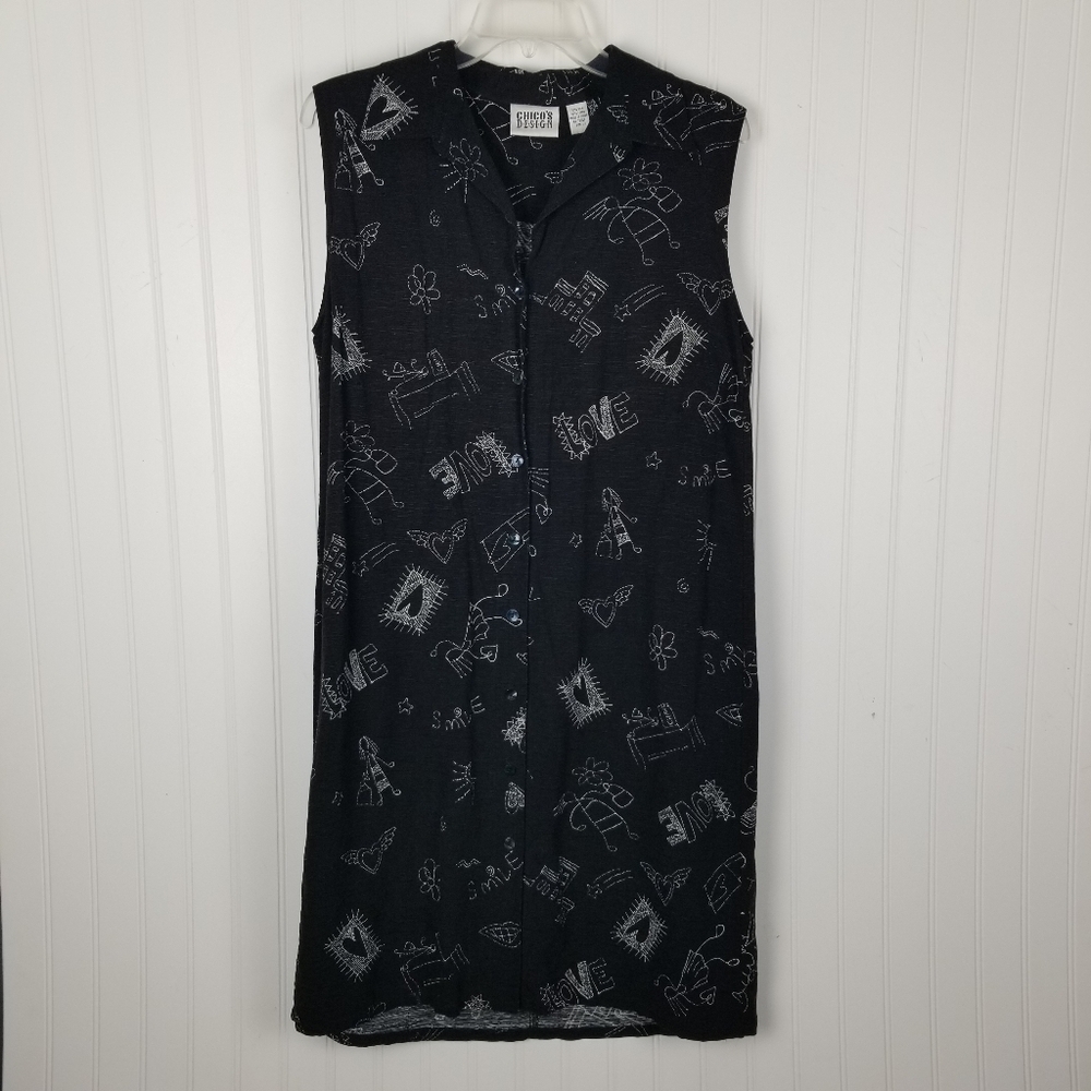 Chico's Womens Sleeveless Linen Silk Button Shirt Dress Size Small 1 Black White